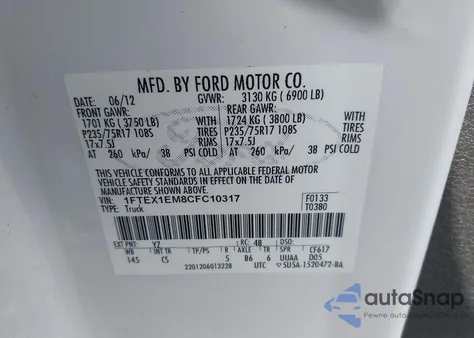 2012 Ford F-150 Xl из США, поврежденный, VIN 1FTEX1EM8CFC10317